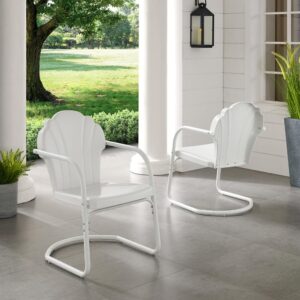 the Tulip Patio Chairs (Set of 2) combine vintage style with classic function. The two scalloped chairs come in a variety of vibrant colors and sit atop cantilever bases that provide just enough flex for lounging in comfort. Made of durable steel