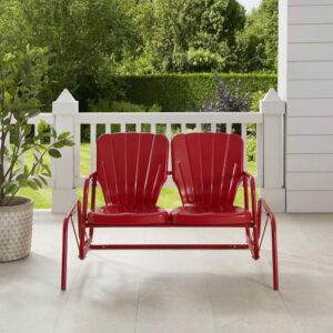 the Ridgeland Loveseat Glider brings class and charm to your outdoor space. The loveseat features a vintage-inspired clamshell back with decorative grooves perched atop a smooth gliding base for stylish comfort. Made of durable steel