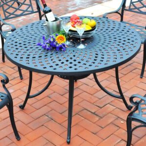 this dining table features an intricate design on its 46.75" tabletop. Sure to be a focal point this table can be paired with Sedona chairs or join an eclectic mix of furniture on your patio or deck.