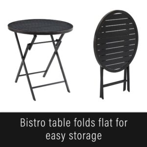 this powder-coated steel table has a classic slatted top and folds for easy storage. With a simple transitional design