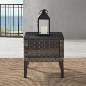 the table features all-weather resin wicker with a steel top perfect for resting a cool drink. The wide wicker is beautifully weathered and has the textured feel of natural fiber. Create a convenient space for entertaining or relaxing outside with the Prescott Side Table.