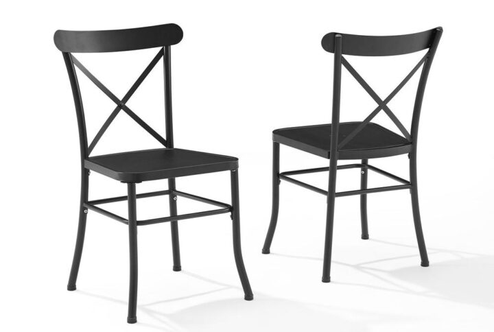 Add French flair to any outdoor space with the Astrid 2pc Outdoor Dining Chair Set. Constructed of powder-coated steel