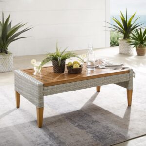 A stylish mix of elements come together to create the Capella Outdoor Coffee Table. Featuring all-weather resin wicker and a slatted steel top hand-painted to look like wood