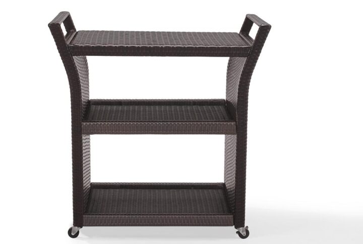 The Palm Harbor Bar Cart offers rolling convenience to the poolside or patio with a wide serving surface and open storage. Handles on either side of the cart double as convenient towel bars while four caster wheels offer easy movement. Constructed of all-weather resin wicker over a powder-coated steel frame