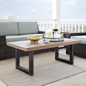this outdoor table features a slatted top