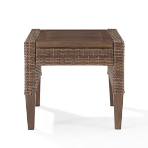 A stylish mix of elements comes together to create the Capella Side Table. Featuring all-weather resin wicker and a hand-painted slatted steel top that looks like real wood