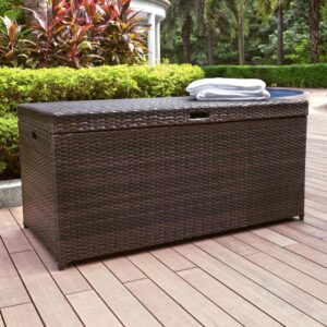 this upscale deck box protects your belongings in style. Deep enough to store outdoor cushions or pool toys