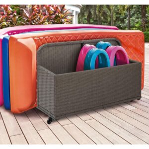 this mobile organizer has casters that lock for stability. One open side with two large wicker wrapped bars can corral larger items like pool floats and folding tables