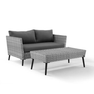 Bringing mid-century modern design outdoors the Richland 2pc Conversation Set features tapered legs and a sleek silhouette. Both the loveseat and coffee table have powder-coated steel frames wrapped in all-weather resin wicker to withstand all the elements. The loveseat features moisture-resistant cushion covers for comfort and durability