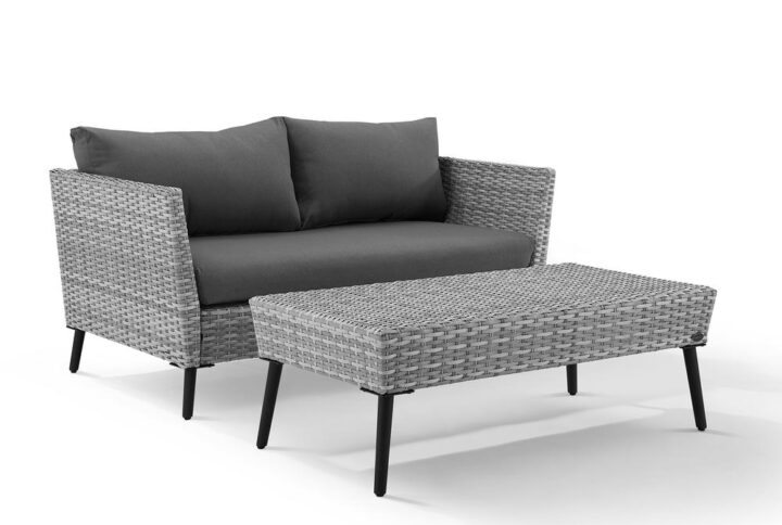 Bringing mid-century modern design outdoors the Richland 2pc Conversation Set features tapered legs and a sleek silhouette. Both the loveseat and coffee table have powder-coated steel frames wrapped in all-weather resin wicker to withstand all the elements. The loveseat features moisture-resistant cushion covers for comfort and durability