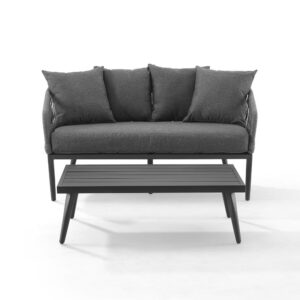 with tapered legs for mid-century flair. The loveseat is handwoven with stylish all-weather rope