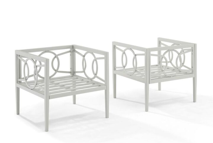 A streamlined silhouette and modern sculptural details are the hallmarks of the Ashford 2pc Outdoor Chair Set. Constructed from powder-coated steel
