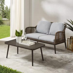 The Haven 2pc Conversation Set delivers an on-trend look in a traditional package with a natural rope look over powder-coated steel. Outfitted with lush weather-resistant cushions
