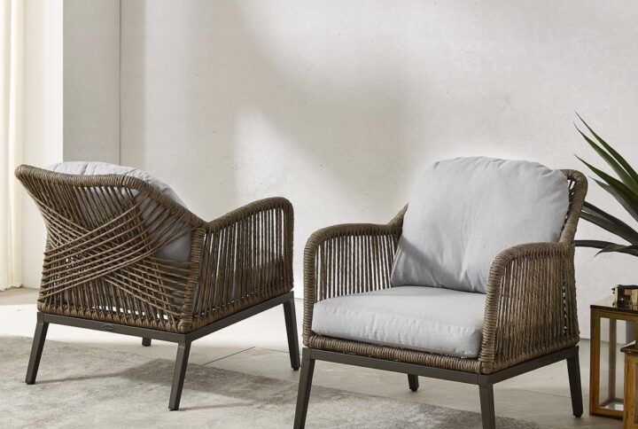 Traditional design meets boho chic with the Haven 2pc Outdoor Chair Set. Featuring a natural rope look over powder-coated steel