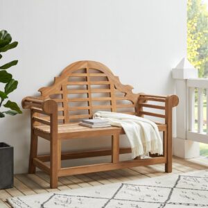 this bench features traditional curved arms and an arched backrest. Designed for indoor or outdoor use