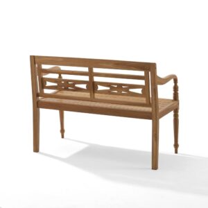 the Anika Teak Bench features beautifully turned legs and a skillfully carved back. Crafted from solid teak wood