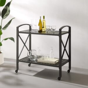 the Kaplan Outdoor Bar Cart makes outdoor entertaining a breeze. Two sturdy slatted shelves provide space for drinks