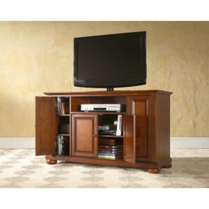 the Alexandria 48” TV Stand is designed to accommodate flat-panel TVs up to 50-inches. Featuring two side cabinets and a large center cabinet