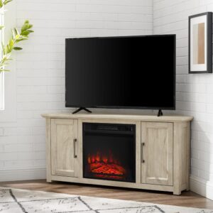 the Camden 48” Corner TV Stand with fireplace creates a cozy space for home entertainment. This tv console tucks neatly into any corner while showcasing your television and keeping media necessities hidden away. Each cabinet features an adjustable shelf that adapts to your storage needs. With an electric fireplace in the center compartment