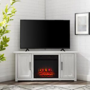 the Camden 48” Corner TV Stand with fireplace creates a cozy space for home entertainment. This tv console tucks neatly into any corner while showcasing your television and keeping media necessities hidden away. Each cabinet features an adjustable shelf that adapts to your storage needs. With an electric fireplace in the center compartment
