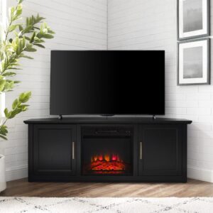 the Camden 58” Corner TV Stand with fireplace creates a cozy space for home entertainment. This tv console tucks neatly into any corner while showcasing your television and keeping media necessities hidden away. Each cabinet features an adjustable shelf that adapts to your storage needs. With an electric fireplace in the center compartment