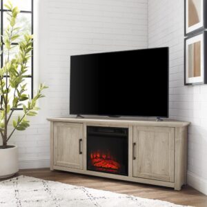 the Camden 58” Corner TV Stand with fireplace creates a cozy space for home entertainment. This tv console tucks neatly into any corner while showcasing your television and keeping media necessities hidden away. Each cabinet features an adjustable shelf that adapts to your storage needs. With an electric fireplace in the center compartment