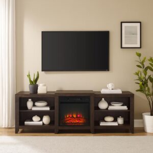 the Ronin 69” TV Stand with Fireplace is the perfect companion for wall-mounted televisions up to 75”. This extra-wide TV console offers two open cabinets with adjustable shelving
