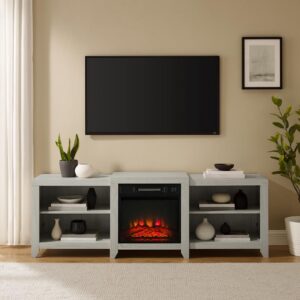 the Ronin 69” TV Stand with Fireplace is the perfect companion for wall-mounted televisions up to 75”. This extra-wide TV console offers two open cabinets with adjustable shelving
