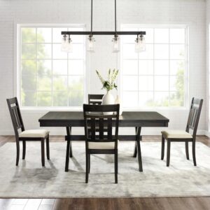 the Hayden 5pc Dining Set brings rustic style to family gatherings. This set features a table with an 18” extension leaf and can expand to comfortably accommodate the four included dining chairs. The X-shaped legs of the table complement the classic slat back design of the dining chair