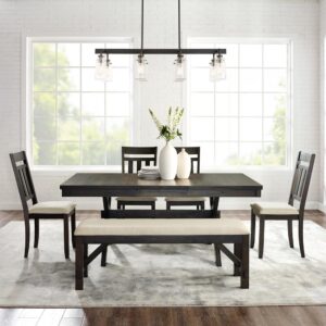 the Hayden 6pc Dining Set brings rustic style to family gatherings. This set features a table with an 18” extension leaf that  accommodates the four dining chairs and one bench included with the set. The X-shaped legs of the table complement the classic slat back design of the dining chairs
