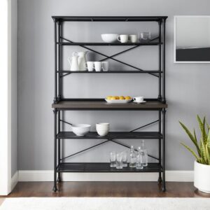 the Madeleine Baker's Rack brings an elegant aesthetic to your home with its beautiful top and steel frame. Featuring open shelving on the hutch and base