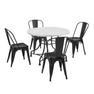 the Madeleine 5pc Dining Set with Amelia Chairs brings stylish café dining to your home. The faux marble tabletop creates an upscale look while the steel base and Amelia chairs add a French industrial aesthetic. The open pedestal design of the table base forms an elegant profile and provides comfortable seating for four.