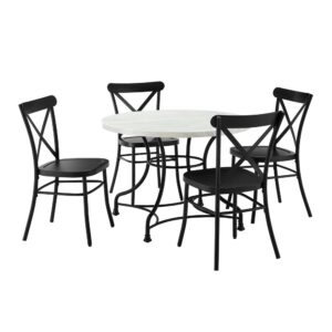 the Madeleine 5pc Dining Set with Camille Chairs brings stylish café dining to your home. The faux marble tabletop creates an upscale look while the steel base and Camille chairs add a French industrial aesthetic. The open pedestal design of the table base forms an elegant profile and provides comfortable seating for four.