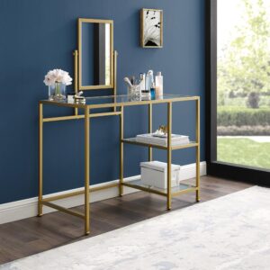 the Aimee 2 Piece Vanity Set is an eye-catching addition to any home. With a sturdy steel frame and tempered glass on the top and shelves