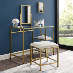 the Aimee 3 Piece Vanity Set is an eye-catching addition to any home. With a sturdy steel frame and tempered glass on the top and shelves