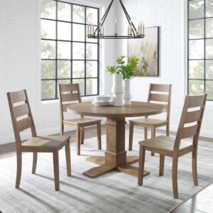 Capture the laid-back elegance of modern farmhouse design with the Joanna 5pc Round Dining Set. The classic round pedestal table pairs beautifully with the ladder back dining chairs