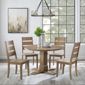offering seating for up to four diners. Each chair features wide ladder back slats and contoured wood seats. Balancing the table’s substantial pedestal base is a spacious tabletop