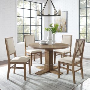 Capture the laid-back elegance of modern farmhouse design with the Joanna 5pc Round Dining Set. The round pedestal table pairs beautifully with the upholstered dining chairs