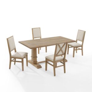 Embrace the laid-back style of modern farmhouse design with the Joanna 5pc Dining Set. The large rectangle trestle table pairs beautifully with the upholstered dining chairs