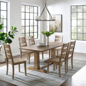 offering seating for up to six diners. Each chair features wide ladder back slats and contoured wood seats. Balancing the table’s substantial trestle base is a spacious tabletop