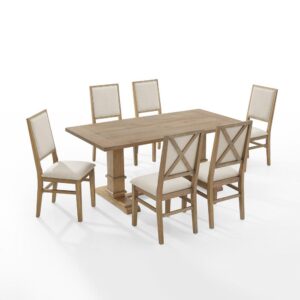 Indulge in the laid-back style of modern farmhouse design with the Joanna 7pc Dining Set. The large rectangle trestle table pairs beautifully with the upholstered dining chairs