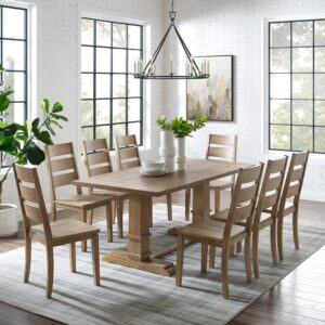 offering seating for up to eight diners. Each chair features wide ladder back slats and contoured wood seats. Balancing the table’s substantial trestle base is a spacious tabletop