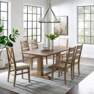while the upholstered chairs offer cushioned seats and chair backs with X accents. Balancing the table’s substantial trestle base is a spacious tabletop creating seating for up to six diners. The Joanna 7pc Dining Set is the ideal spot to gather for a family meal.