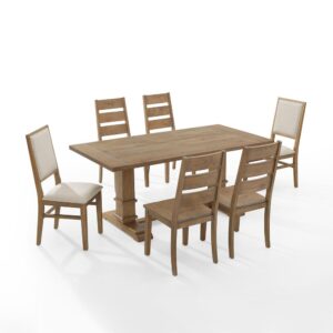 Make your nightly dinner a stylish affair with the Joanna 7pc Dining Set. The large rectangle trestle table pairs beautifully with the mix and match ladder back and upholstered chairs. The ladder back chairs feature wide horizontal slats