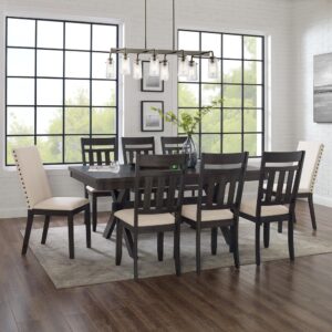 The Hayden 9pc Dining Set brings rustic elegance to family gatherings. Featuring X-shaped legs and a trestle base
