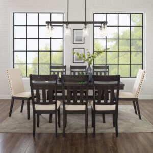the farmhouse table pairs beautifully with the six slat back and two Parsons style dining chairs. The extendable table's 18” leaf offers space for eight diners