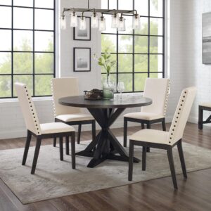The Hayden 5pc Round Dining Set brings modern farmhouse style to family gatherings. The large round table top can comfortably accommodate four diners for a rustic family meal. With intersecting legs