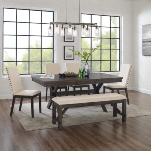 The Hayden 6pc Dining Set brings rustic elegance to family gatherings. Featuring X-shaped legs and a trestle base