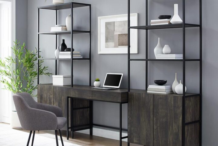 Add industrial chic to your home office with the Jacobsen 3pc Desk Set. The sleek desk is flanked by two large etageres