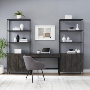creating an organized work station with ample storage. Each etagere has two open stationary shelves and a large cabinet in the base. The desk features a large workspace and two full-extension flat front drawers. Perfect for telecommuting
